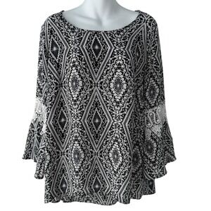 Zac & Rachel Womens Boho Top XL Black White Geometric Bell Sleeve Lace Oversized